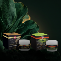 De to elegante 50 ml glaskrukker med Palacio Snake Cream og deres tilh�rende store �sker. Den gr�nne �ske er Lifting Day Cream, og den sorte/gyldne �ske er Exclusive Night Cream. Begge �sker er prydet af den karakteristiske tempelhugorm, som symboliserer SYN-AKE teknologien.