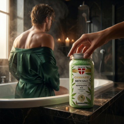 N�rbillede af en h�nd, der holder en krukke Palacio Cannabis Badesalt, med en mand siddende i baggrunden ved et badekar.