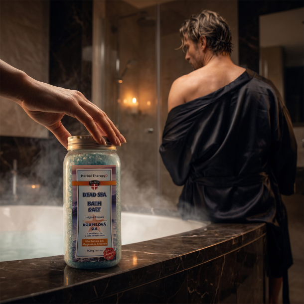 En h�nd r�rer krukken med lysebl�t Palacio Dead Sea Badesalt i et dampende spa-badev�relse, med en mand siddende i baggrunden.