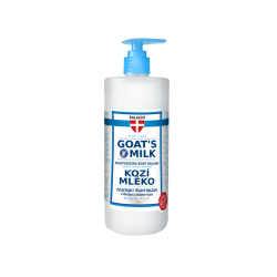 Palacio Goat Milk Kropsbalsam. En stor 500 ml hvid plastikflaske med doseringspumpe i toppen. Etiketten er hvid og bl� med teksten GOAT'S MILK Moisturizing Body Balsam.