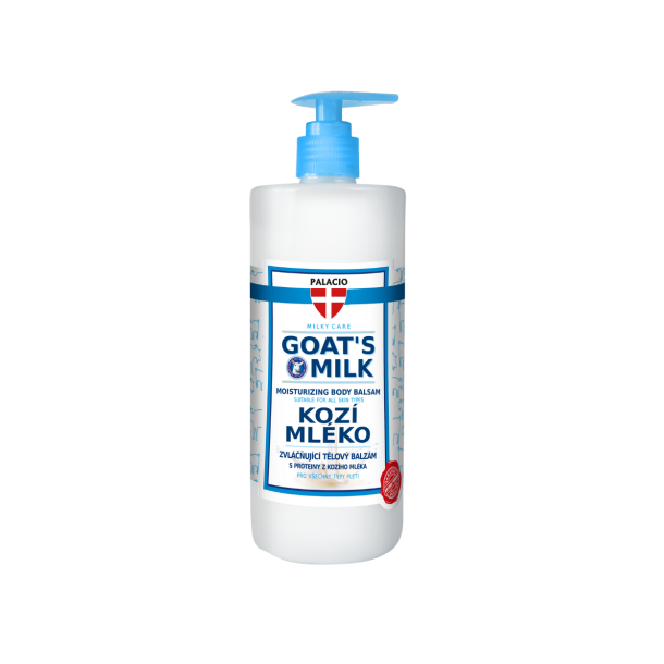 Palacio Goat Milk Kropsbalsam. En stor 500 ml hvid plastikflaske med doseringspumpe i toppen. Etiketten er hvid og bl� med teksten GOAT'S MILK Moisturizing Body Balsam.