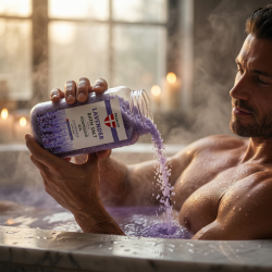 N�rbillede af en h�nd, der tager lilla krystaller fra en �ben gennemsigtig krukke med Palacio Lavender Badesalt.