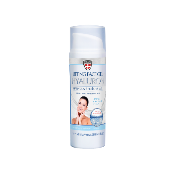 Palacio Lifting Ansigtsgel 50 ml. En slank, hvid pumpeflaske med en etiket, der viser et smilende kvindeansigt og bl� tekster om hyaluronsyre og lifting effect.