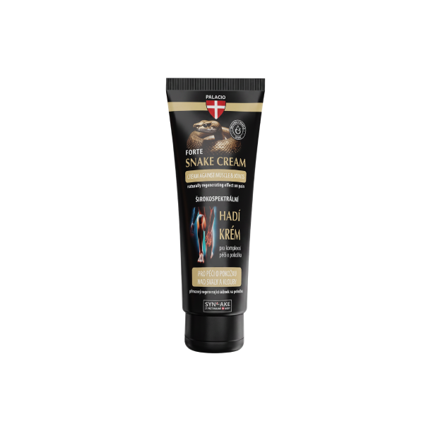 Palacio Forte Snake Cream Varmecreme 125 ml. Sort tube med guld-detaljer, et billede af en slange og grafiske illustrationer af kropsmuskler i bl� og orange nuancer.