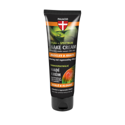 Palacio Snake Venom Pleje- og Massagecreme 125 ml. Sort tube med gult og orange tekstdesign samt et tydeligt grafisk billede af en stor, gr�n slange (tempelhugorm).