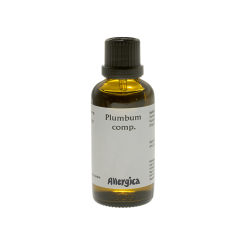 Allergica Plumbum comp. 50 ml flaske med hvidt m�rkat og bl�-gr� detaljer. Dansk h�ndpotenseret hom�opati.