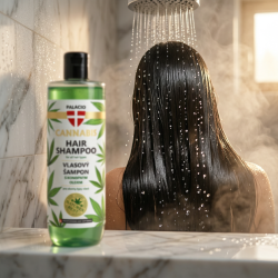 Palacio Cannabis Hair Shampoo flaske p� en badev�relseshylde med en sl�ret person under en bruser i baggrunden.