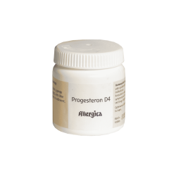 En hvid plastd�se fra danske Allergica med et klassisk skruel�g. Etiketten har en varm beige stribe og b�rer navnet Progesteron D4. D�sen indeholder 90 hom�opatiske laktosetabletter til kvindens balance.