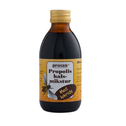 Prosan Propolis halsmikstur 200 ml i m�rk flaske. Etiketten er gul med et m�nster af honningkager og illustration af en honningbi og tekst om lakrids.