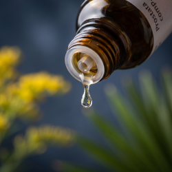 Et krystalklart makrobillede af en vanddr�be, der falder fra den indbyggede dr�bet�ller p� en m�rk ravfarvet glasflaske. Den bl�dt sl�rede baggrund kombinerer maskuline, m�rke skiferbl� nuancer med lyse, gyldne strejf fra Gyldenris (Solidago) og dybe, jordbundne gr�nne farver fra Dv�rgpalme (Serenoa). Lyset er klart, fokuseret, strukturerende og beroligende.