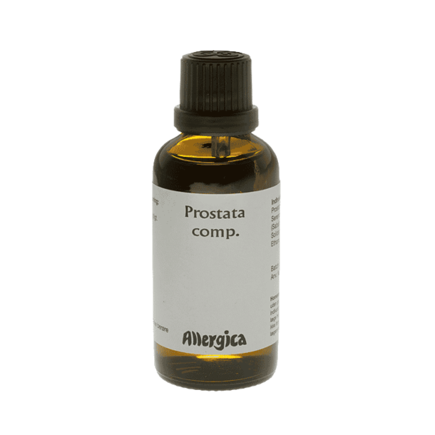 Allergica Prostata comp. 50 ml flaske med hvidt m�rkat og bl�lige detaljer. Dansk h�ndpotenseret hom�opati til m�nd.