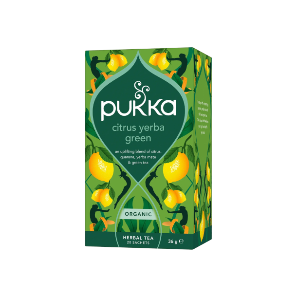 Pukka Citrus Yerba Green �kologisk te 20 breve med guarana, yerba mate og gr�n te for naturlig energi og citrusfriskhed.