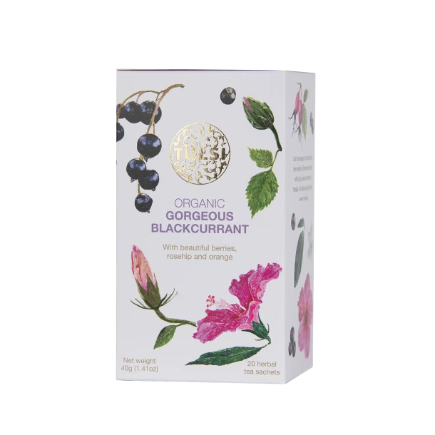 Tulsi Gorgeous Blackcurrant �kologisk frugtte med solb�r hyben og appelsin 20 plastfri breve.