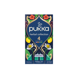 Opretst�ende Pukka Herbal Collection te�ske. �sken er smuk dyb bl� og dekoreret med elegante gyldne m�nstre, gule citroner, mynteblade og hvide margueritblomster.