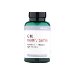 Mezina Q10 Multivitamin d�se. Gr�n flaske med lilla etiket og 120 kapsler.