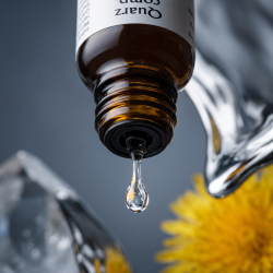 Et krystalklart makrobillede af en vanddr�be, der falder fra den indbyggede dr�bet�ller p� en 1:1 realistisk m�rk ravfarvet glasflaske. Den bl�dt sl�rede baggrund kombinerer strukturerede, k�lige skifergr� nuancer med dybe, dynamiske glimt af flydende s�lv og varm m�lkeb�tte-gul (Quarz, Mercurius, Taraxacum). Lyset er ekstremt klart, opbrydende, og udstr�ler absolut forl�sning af stagnation, strukturel formkraft og hom�opatisk pr�cision.