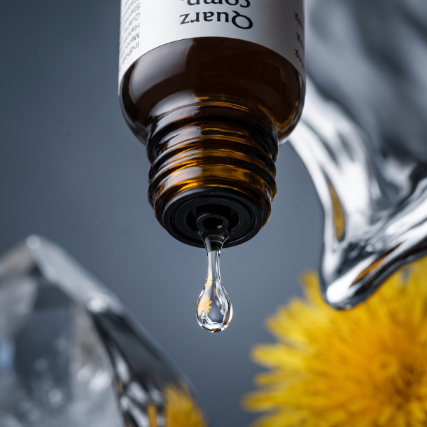 Et krystalklart makrobillede af en vanddr�be, der falder fra den indbyggede dr�bet�ller p� en 1:1 realistisk m�rk ravfarvet glasflaske. Den bl�dt sl�rede baggrund kombinerer strukturerede, k�lige skifergr� nuancer med dybe, dynamiske glimt af flydende s�lv og varm m�lkeb�tte-gul (Quarz, Mercurius, Taraxacum). Lyset er ekstremt klart, opbrydende, og udstr�ler absolut forl�sning af stagnation, strukturel formkraft og hom�opatisk pr�cision.