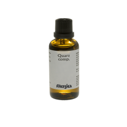 Allergica Quarz comp. 50 ml flaske med hvidt m�rkat og lysebl�/s�lvfarvede detaljer. Dansk h�ndpotenseret hom�opati.