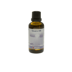 Allergica Quarz D6 50 ml flaske med hvidt m�rkat og lysebl� detaljer. Dansk h�ndpotenseret hom�opati (kisel).
