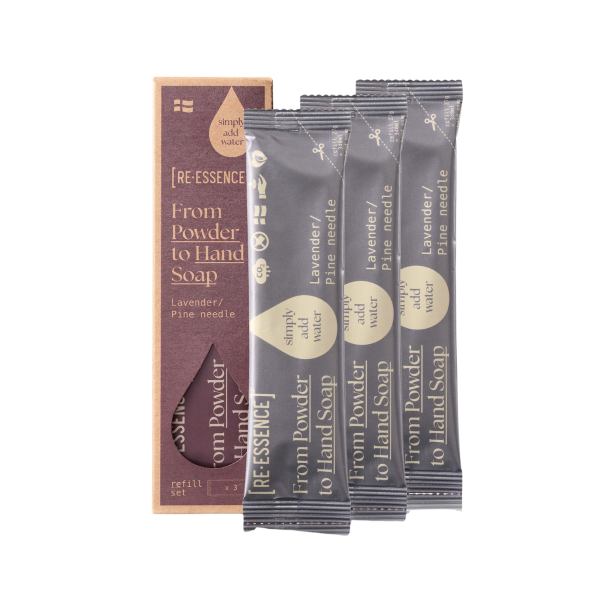 [RE�ESSENCE] H�nds�be 3-pak Refill med Lavendel og Fyrren�l &ndash; tre papirposer og pap�ske i dansk, b�redygtigt design hos Helseservice.