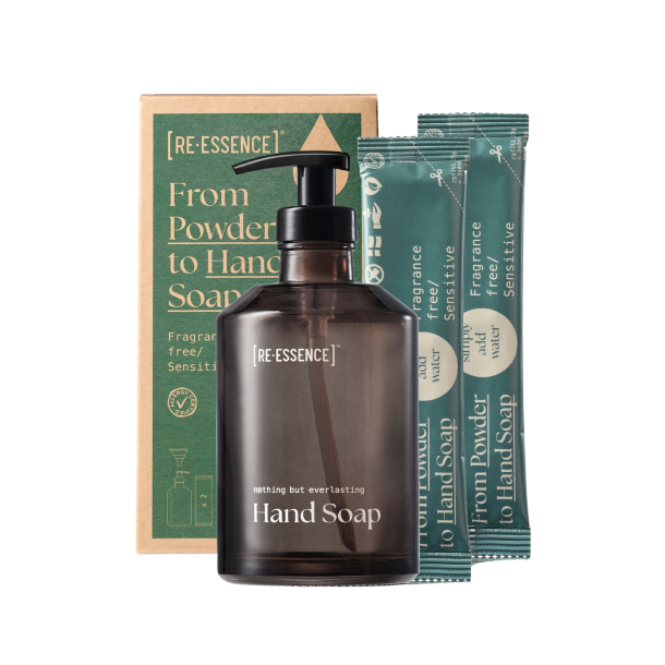 [RE-ESSENCE] H�nds�be Gaves�t Parfumefri/Sensitiv med m�rk ravfarvet glasflaske, guld-pumpe, tragt og 2 pulver refills i AllergyCertified kvalitet hos Helseservice.