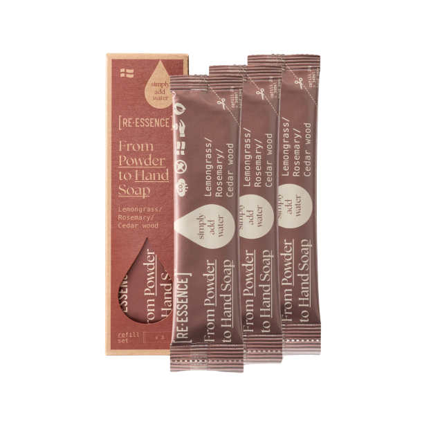 [RE�ESSENCE] H�nds�be 3-pak Refill med Citrongr�s, Rosmarin og Cedertr� &ndash; tre papirposer og pap�ske i b�redygtigt design hos Helseservice.