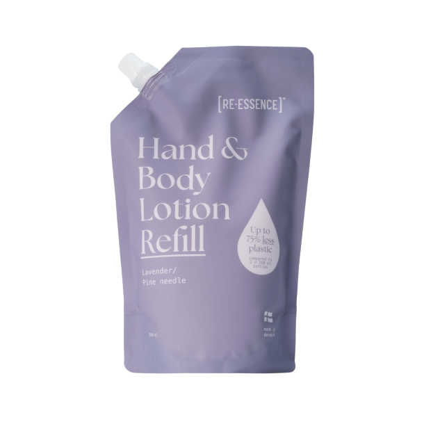 [RE�ESSENCE] Hand & Body Lotion Refill 500 ml pose i st�vet lilla design med hvidt skruel�g hos Helseservice.