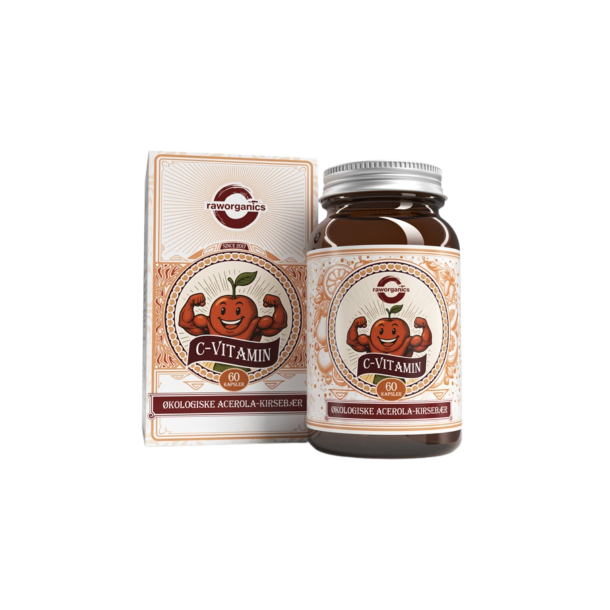 Raw Organics Naturligt C-vitamin 60 kapsler &ndash; Naturligt tilskud fra �kologisk acerola i m�rkt glas med orange label.