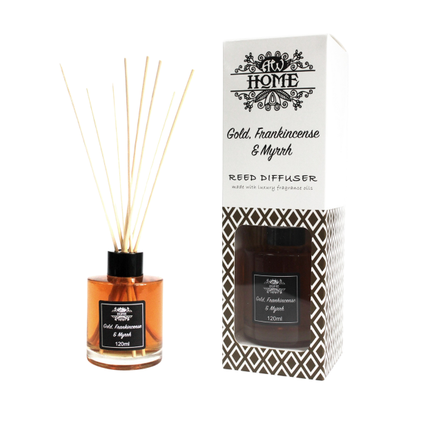 AW Home Duftpinde 120ml i glasflaske med duft af guld frankincense og myrra.