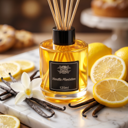 Et n�rbillede af en elegant glasflaske med duftpinde. En varm, gylden v�ske i flasken omgivet af m�rke vaniljest�nger, delikate vaniljeblomster og friske citronskiver p� en lys flade.