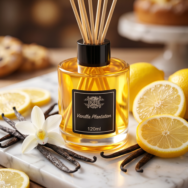 Et n�rbillede af en elegant glasflaske med duftpinde. En varm, gylden v�ske i flasken omgivet af m�rke vaniljest�nger, delikate vaniljeblomster og friske citronskiver p� en lys flade.