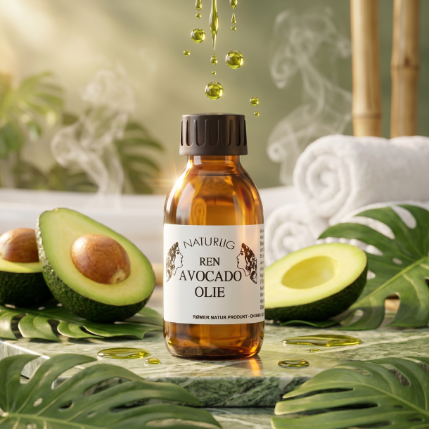 Luksuri�s pr�sentation af R�mer Avocadoolie i m�rk glasflaske omgivet af friske avocadoer i et roligt spa-milj�.