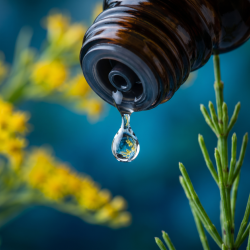 Et krystalklart makrobillede af en vanddr�be, der falder fra den indbyggede dr�bet�ller p� en m�rk ravfarvet glasflaske. Den bl�dt sl�rede baggrund kombinerer dybe, akvatiske bl� nuancer med friske, botaniske strejf af lysende gul Gyldenris og spr�d gr�n Agerpadderok. Lyset er ekstremt klart, rent og strukturerende, og udstr�ler absolut indre flow og botanisk harmoni.