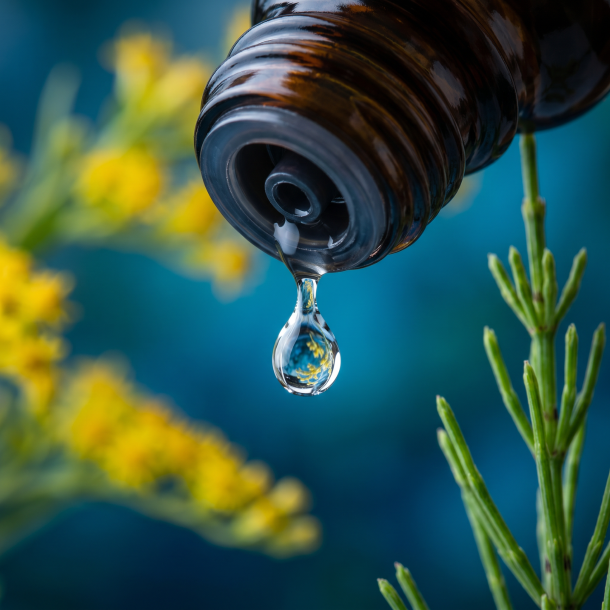 Et krystalklart makrobillede af en vanddr�be, der falder fra den indbyggede dr�bet�ller p� en m�rk ravfarvet glasflaske. Den bl�dt sl�rede baggrund kombinerer dybe, akvatiske bl� nuancer med friske, botaniske strejf af lysende gul Gyldenris og spr�d gr�n Agerpadderok. Lyset er ekstremt klart, rent og strukturerende, og udstr�ler absolut indre flow og botanisk harmoni.