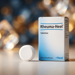Et krystalklart makrobillede af en perfekt, struktureret og t�r hvid hom�opatisk tablet placeret sirligt p� en ren overflade ved siden af den realistiske Rheuma-Heel �ske fra Heel (helt uden pipetter, dr�bet�llere eller v�ske). Den bl�dt sl�rede baggrund kombinerer varme, dybe st�lbl� nuancer, gyldne arnica-toner og str�lende, krystallinske mineralske ferrum-lysglimt, som diskret og elegant repr�senterer den tyske farmaceutiske pr�cision og synergien af de 5 stoft�tte signaturer. Lyset er varmt, bl�dt og indbydende, hvilket fremh�ver total GMP-renhed uden at virke for sterilt. Knivskarpt fokus.