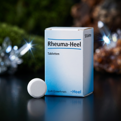 Et krystalklart makrobillede af en perfekt, struktureret og t�r hvid hom�opatisk tablet placeret sirligt p� en ren glas-overflade ved siden af den realistiske, lille Rheuma-Heel �ske fra Heel (helt uden pipetter, dr�bet�llere eller v�ske). Den bl�dt sl�rede baggrund kombinerer varme, dybe mosgr�nne og kastanje-nuancer (botanisk Arnica/Rhus tox reference) og str�lende, krystallinske mineralske ferrum-lysglimt, som diskret og elegant repr�senterer den tyske farmaceutiske pr�cision og synergien af de 5 stoft�tte signaturer. Lyset er skarpt, k�ligt og elegant, hvilket fremh�ver total GMP-renhed uden at virke for sterilt. Knivskarpt fokus.