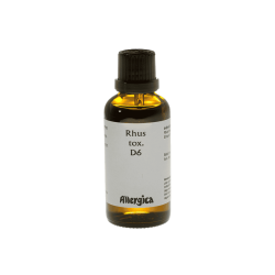 En klassisk m�rkebrun apoteker-glasflaske fra Allergica med en ren hvid etiket. Flasken indeholder 50 ml Rhus tox. D6 dr�ber og er udstyret med en praktisk, indbygget dr�bet�ller.