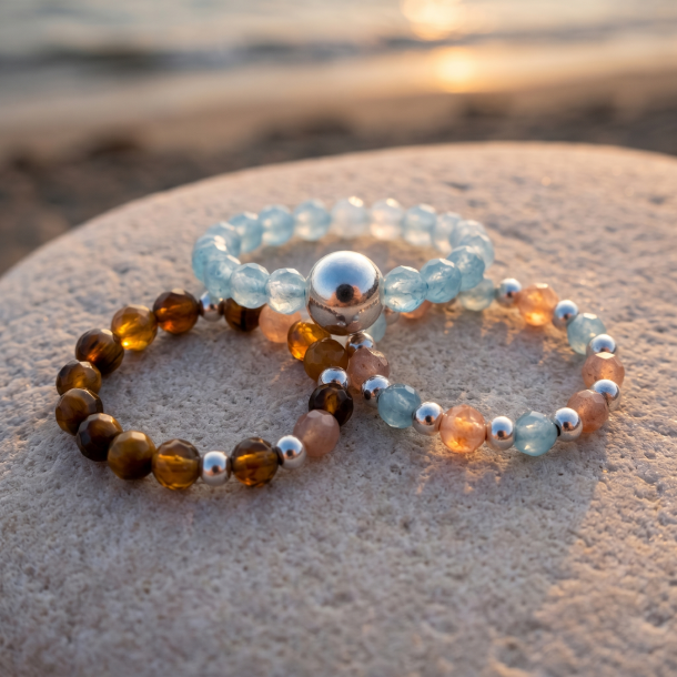 Et eksklusivt n�rbillede af tre 'Sea Sunset' perleringe med akvamarin, tiger�je og solsten, smukt pr�senteret p� en lys sandfarvet stenoverflade badet i et bl�dt, gyldent solnedgangslys.
