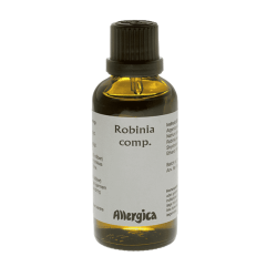 En klassisk m�rkebrun apoteker-glasflaske fra Allergica. Etiketten har et roligt, klinisk og stilrent hvidt/gr�t design med navnet Robinia comp. tydeligt centreret. Flasken indeholder 50 ml dr�ber og har en indbygget dr�bet�ller i toppen.