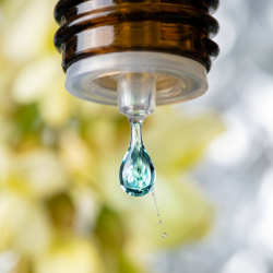 Et krystalklart makrobillede af en vanddr�be, der falder fra den indbyggede dr�bet�ller p� en m�rk ravfarvet glasflaske. Den bl�dt sl�rede baggrund kombinerer lindrende, bl�de kamillegule og lysegr�nne nuancer (Robinia) med k�lige, lyse s�lvglimt (Argentum). Lyset er ekstremt klart, beroligende, udstr�ler absolut syre/base-harmoni, indre ro og hom�opatisk pr�cision.