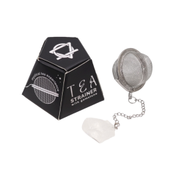 Te-�g i rustfrit st�l med r� bjergkrystal i gave�ske.