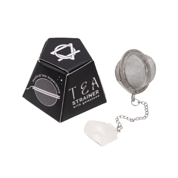 Te-�g i rustfrit st�l med r� bjergkrystal i gave�ske.