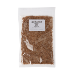 En 200 grams pose fyldt med H�rvejssalt R�gsalt. Saltet best�r af flotte, gyldne og koldr�gede krystaller.