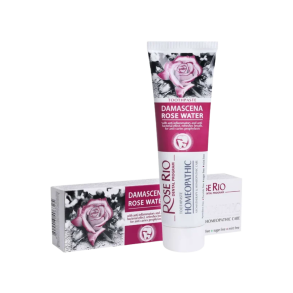 Rose Rio hom�opatisk mundpleje kollektion med tre varianter af naturlig tandpasta uden fluor og mentol, dekoreret med friske roser, lavendel og mineralsalte.