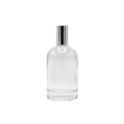 Tom 100 ml parfumeflaske i robust, klart glas med ekstra tyk bund og en elegant s�lv forst�ver til DIY hudpleje.