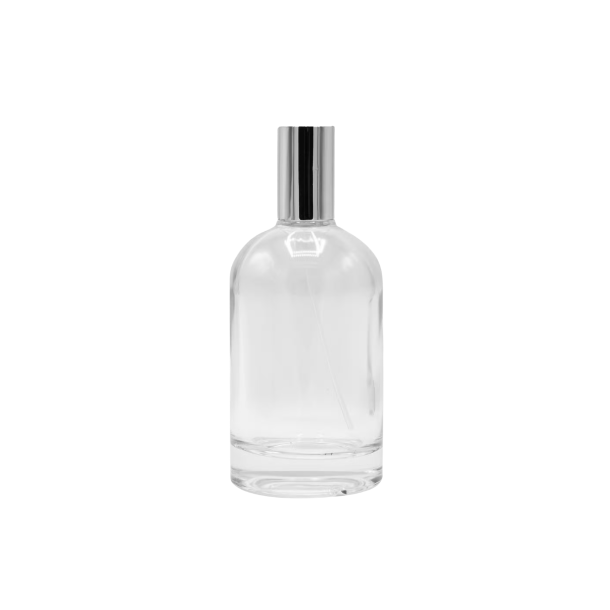 Tom 100 ml parfumeflaske i robust, klart glas med ekstra tyk bund og en elegant s�lv forst�ver til DIY hudpleje.