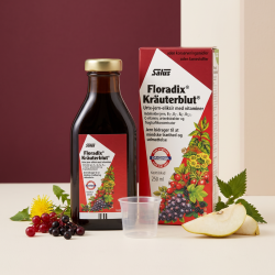 Salus Floradix Kr�uterblut 250 ml med flaske, �ske og m�leb�ger