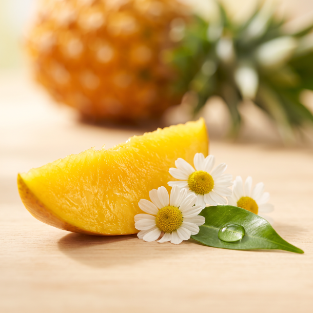 Makrobillede af en saftig, solmoden mango og frisk kamille, der symboliserer de rene og velsmagende ingredienser i magnesium eliksiren.