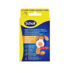 Den velkendte gule og bl� �ske fra Scholl indeholdende 4 stk. ligtorneplastre. �sken viser en tydelig illustration af plasteret med den lille medicinske skive i midten, der indeholder 40% salicylsyre til behandling.