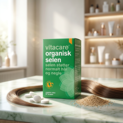 VitaCare Organisk Selen �ske pr�senteret p� lyst gr�nt marmor, ledsaget af hvide tabletter og rene sk�nhedselementer i et eksklusivt apoteker-milj�.